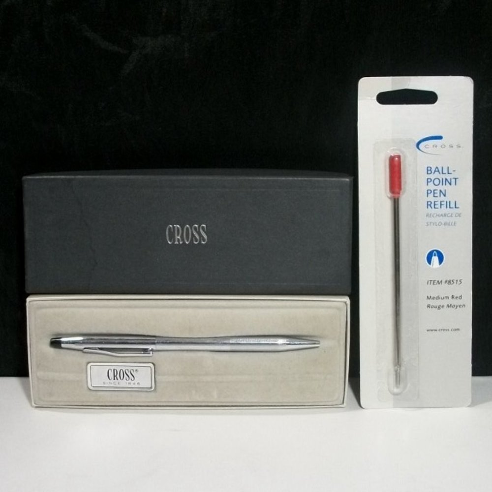 CROSS LUSTROUS CHROME 3502 BALL POINT PEN IN BOX WITH NEW RED REFILL MADE USA